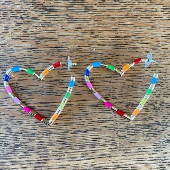 Gold & Multicolored Heart Hoop Pierced Earrings. Excellent Condition! - Picture 2 of 4